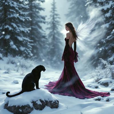 The primary subject of the image is a woman dressed in a purple gown, standing in a snowy forest. She is surrounded by snow and trees, creating a serene and wintry atmosphere. The woman appears to be looking at a black cat that is sitting on a rock nearby. The visual style of the image is a combination of photo and digital art, creating a realistic yet artistic representation of the scene. The colors and mood of the image are predominantly white and cold, reflecting the snowy environment and the